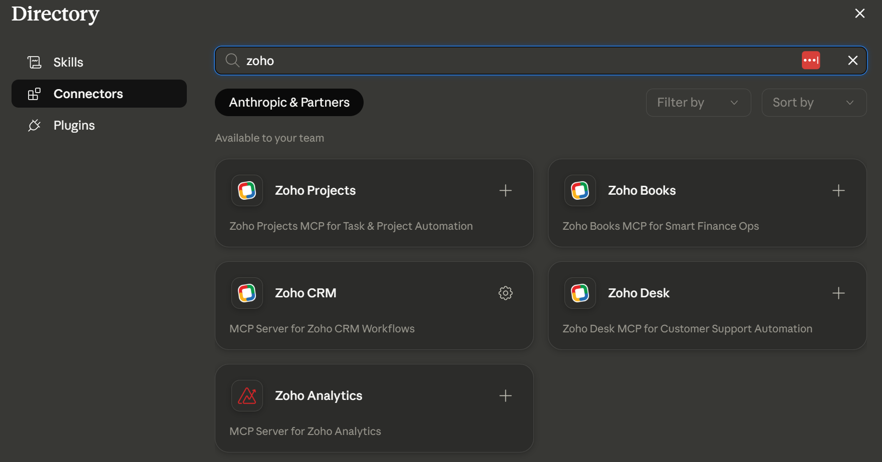 Claude's Browse Connectors directory with Zoho Books visible. Shows where to find the pre-built connector.