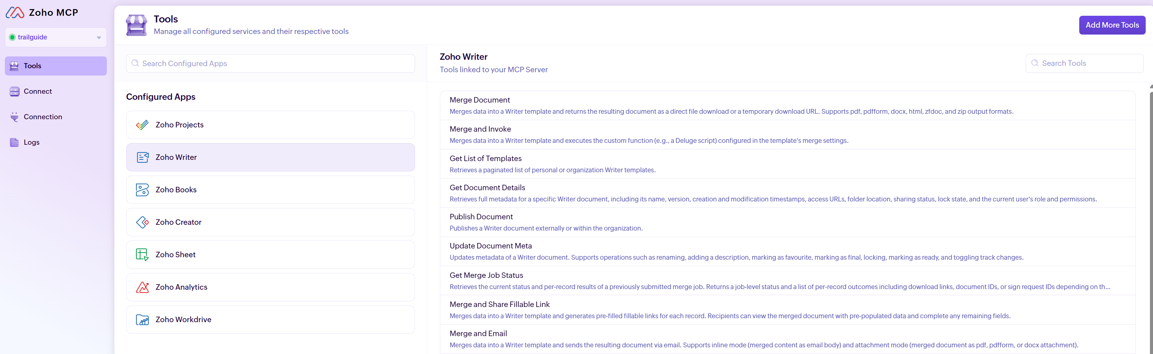 Zoho MCP console with a server created and a few tools added, viewed from the Tools tab.