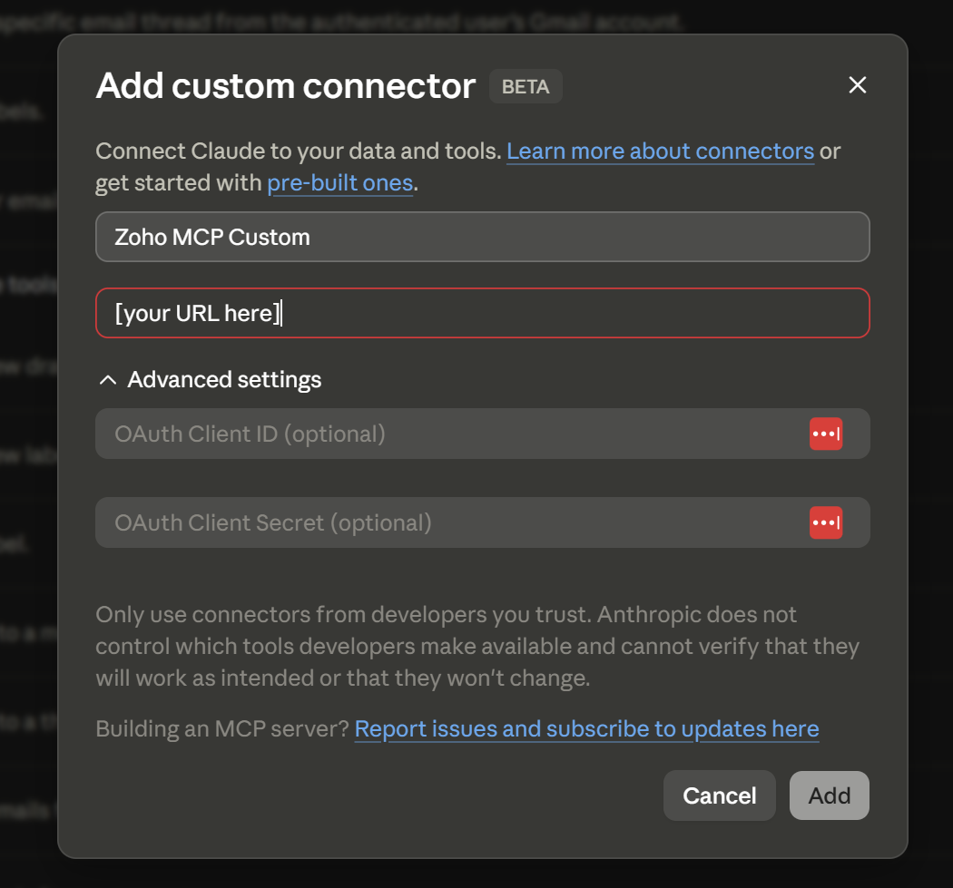 Claude's Add Custom Connector dialog with the MCP URL pasted in.